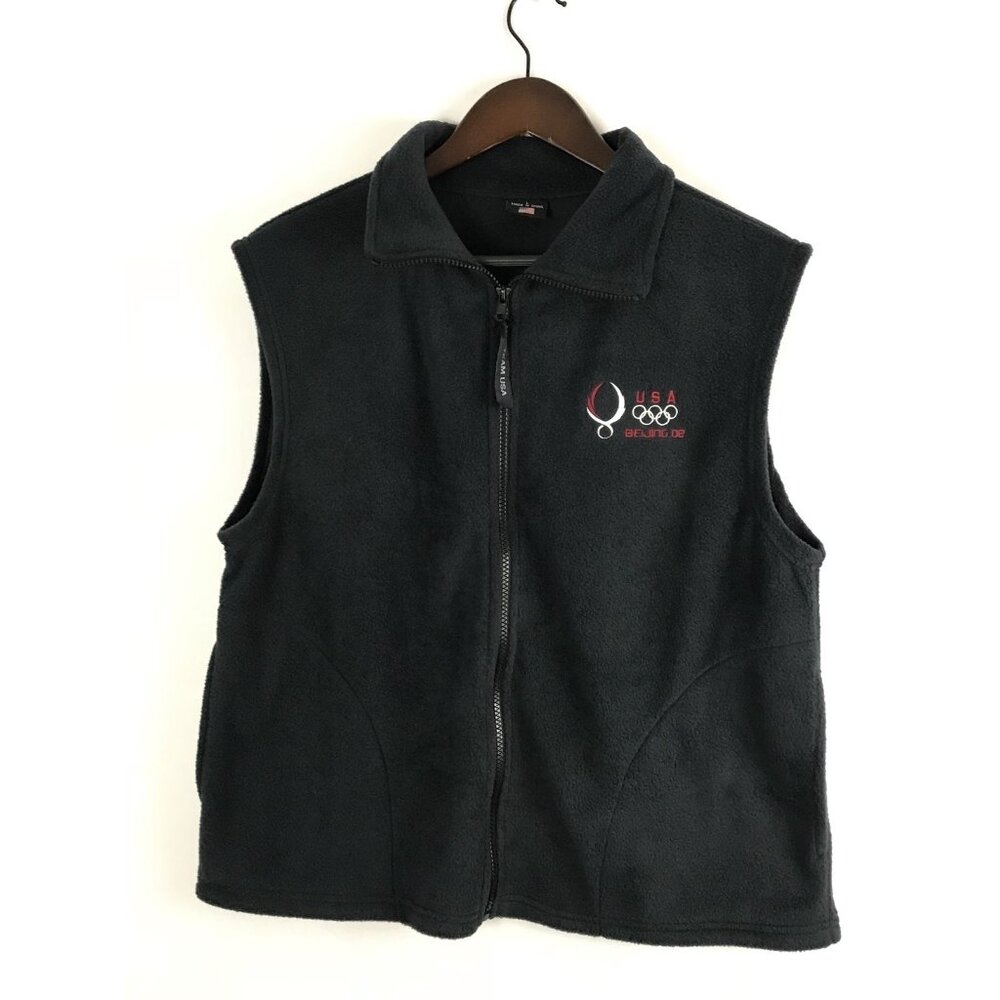 USA Beijing 08 Fleece Vest Zip up Sleeveless Size Large Blue Pockets